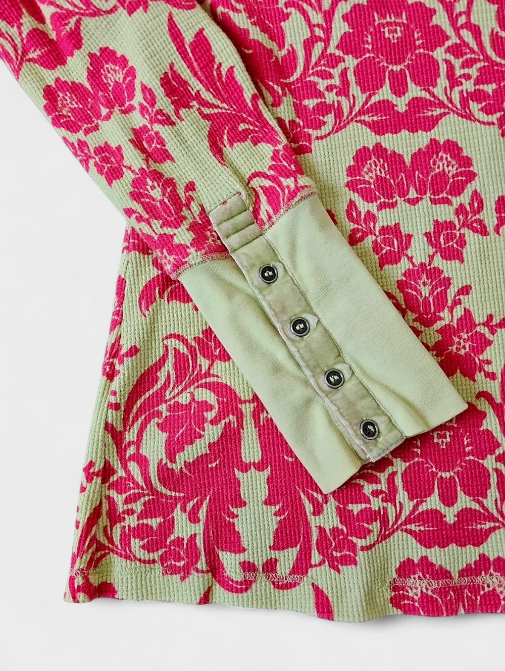 Sundance Ribbed Floral Boho Long Sleeve Top in Pink & Mint Green, Size PM